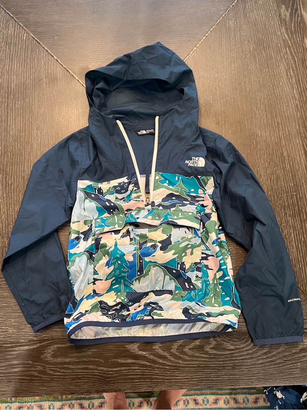 The North Face Navy Hooded Rain Pullover with Teal & Green Print